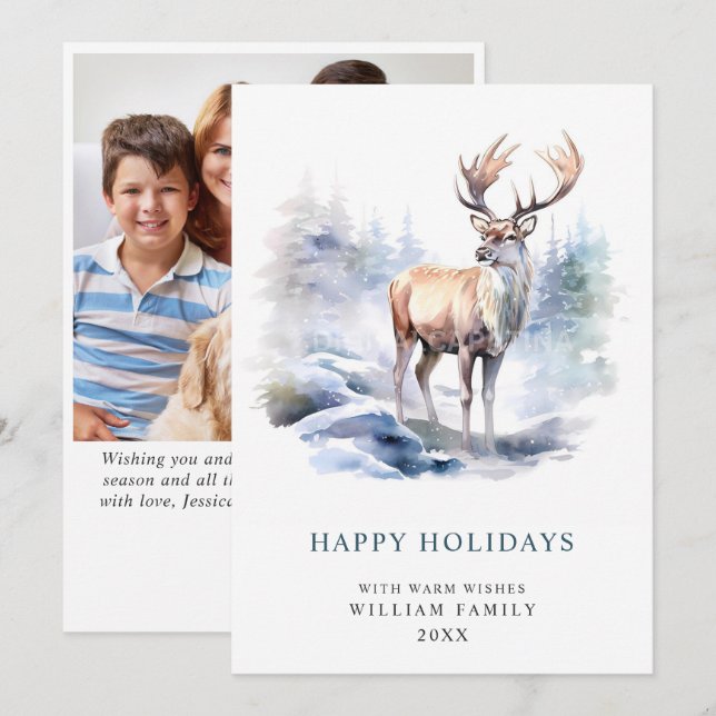 PHOTO Minimalist Elegant Deer Christmas Holiday Card (Front/Back)