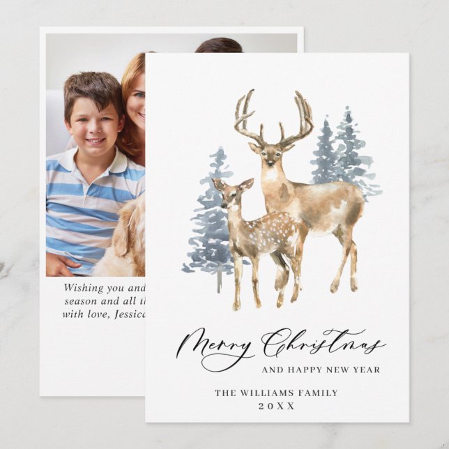 PHOTO Minimalist Elegant Deer Christmas Tree Holiday Card (Front/Back)