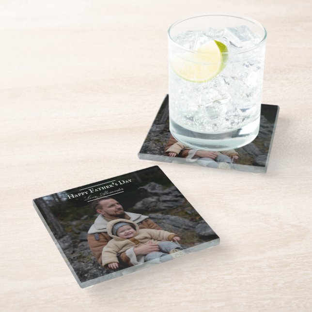 Photo Minimalist Father's Day | White Glass Coaster (Angled)