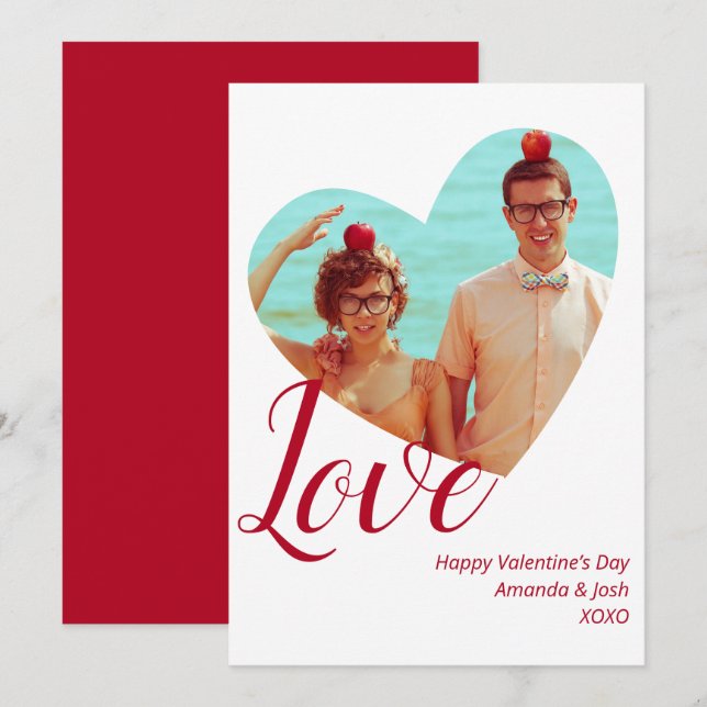 Photo Minimalist Love Heart Red Valentine’s Day Holiday Card (Front/Back)