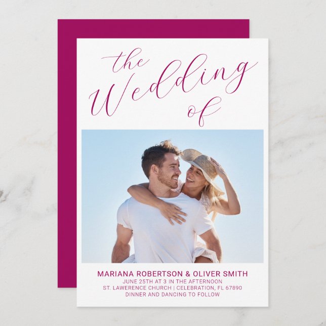 Photo Minimalist Magenta Script Wedding Invitation (Front/Back)