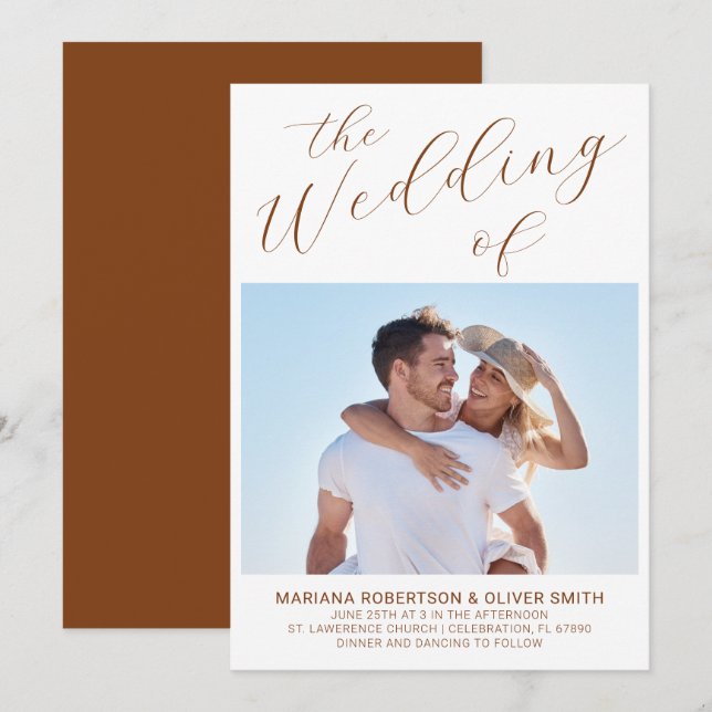 Photo Minimalist Terracotta Script Wedding Invitat Invitation (Front/Back)