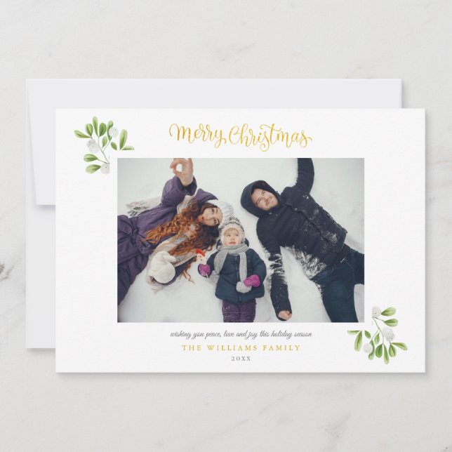 Photo Mistletoe Gold Script Merry Christmas Holiday Card (Front)