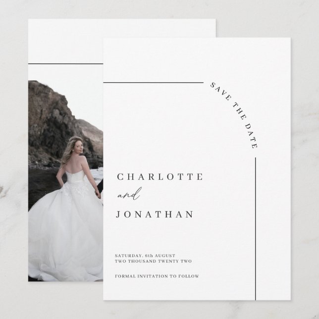 Photo Modern Arch Black and White Wedding Save The Date (Front/Back)