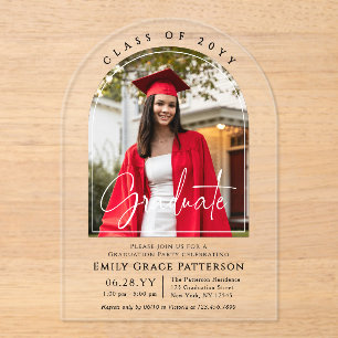 Photo Modern Arch Graduate Script Graduation Party Acrylic Invitations