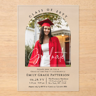 Photo Modern Arch Graduate Script Graduation Party Acrylic Invitations
