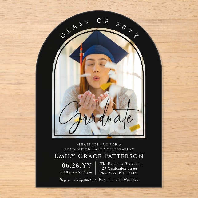 Photo Modern Arch Graduate Script Graduation Party Acrylic Invitations (Front)