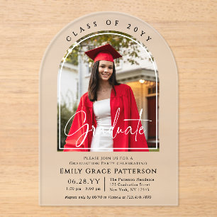 Photo Modern Arch Graduate Script Graduation Party Acrylic Invitations
