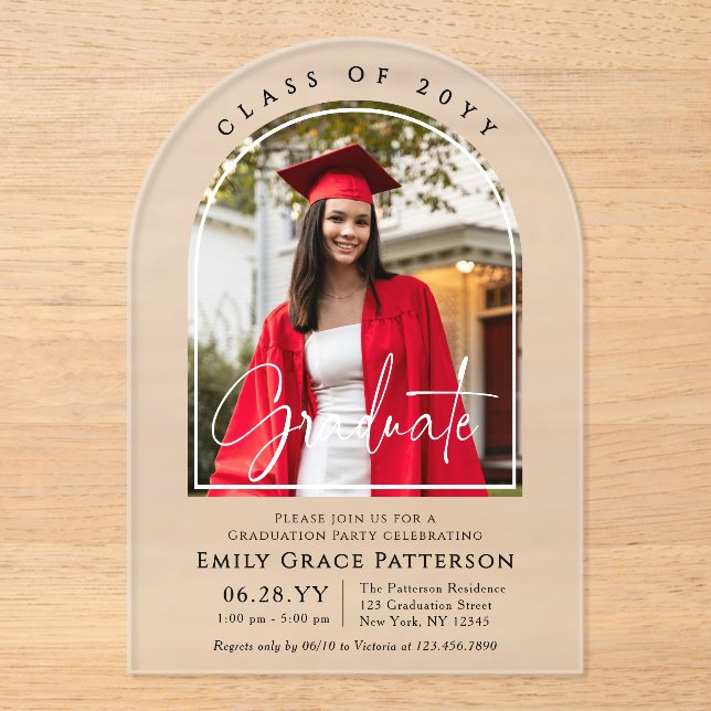 Photo Modern Arch Graduate Script Graduation Party Acrylic Invitations (Front)