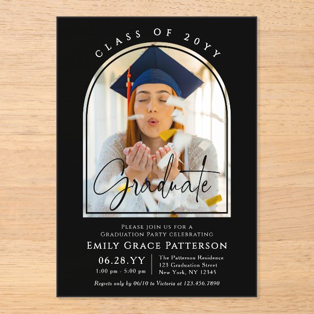 Photo Modern Arch Graduate Script Graduation Party Acrylic Invitations (Front)