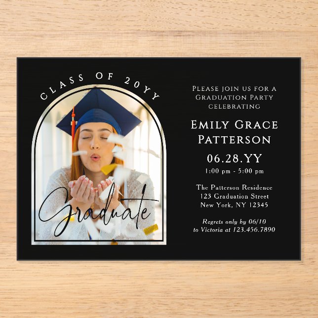 Photo Modern Arch Graduate Script Graduation Party Acrylic Invitations (Front)