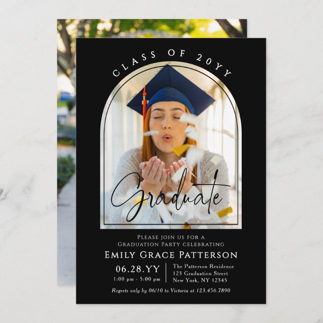 Photo Modern Arch Graduate Script Graduation Party Invitation (Front/Back)