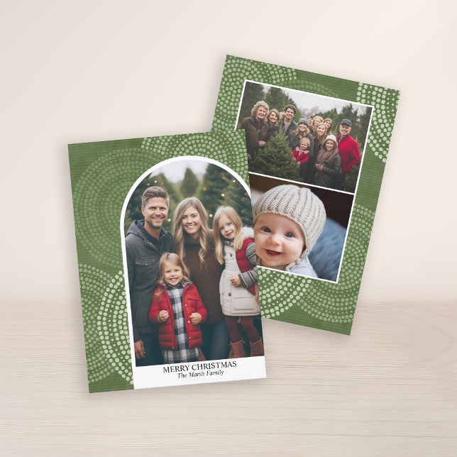 Photo modern arch Merry Christmas Abstract Circles Holiday Card (3 Photo Christmas Card with Boho Watercolor Pattern and Photo Arch - Print and Download Option)
