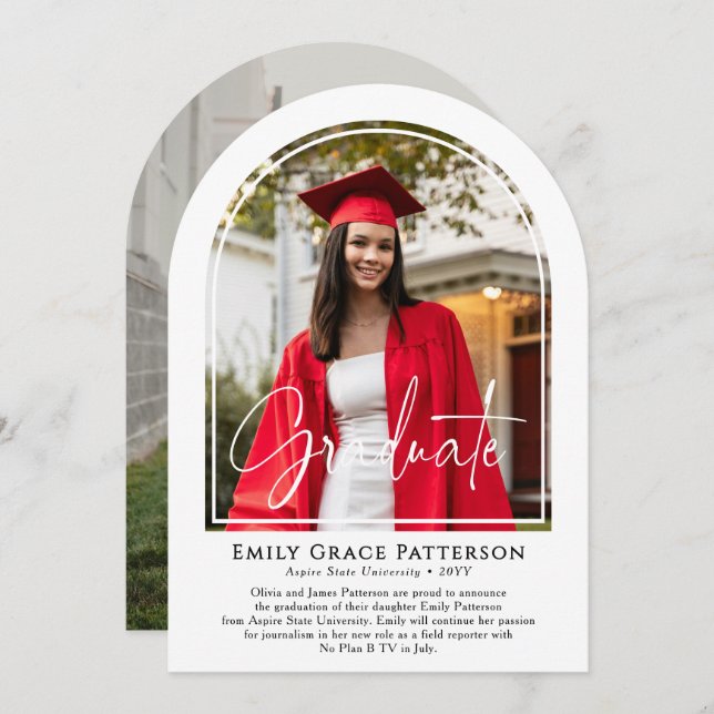 Photo Modern Arch Script Graduation Announcement (Front/Back)