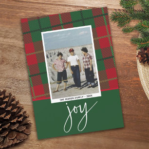 Photo modern berries joy Christmas red green plaid Holiday Card