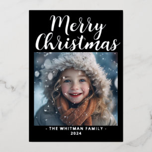 Photo Modern Black Merry Christmas Foil Holiday Card