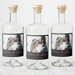 Photo Modern Black Pink Calligraphy Wedding Party Liquor Bottle Label