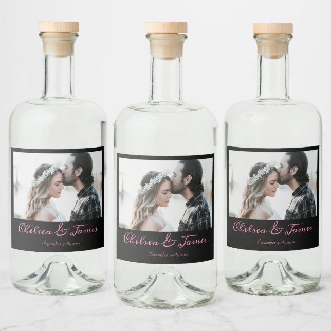 Photo Modern Black Pink Calligraphy Wedding Party Liquor Bottle Label (Bottles)