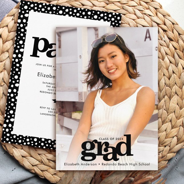 Photo modern bold black white grad party elegant invitation (Creator Uploaded)