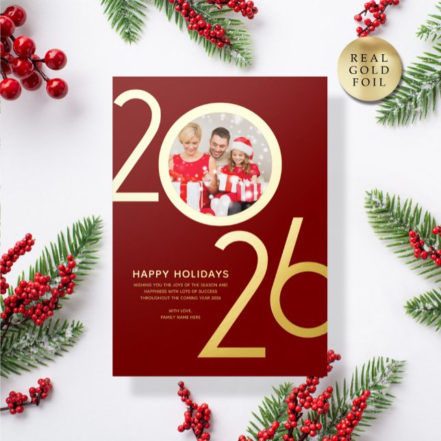 Photo Modern Bold Burgundy 2026 Holiday Gold Card (Creator Uploaded)