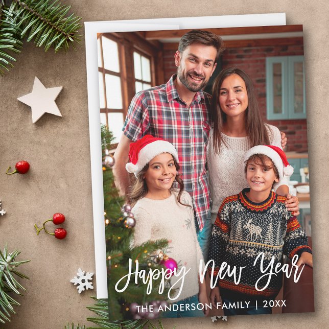 Photo Modern Brush Script Happy New Year Holiday Card (Customize to add text to back of card.)