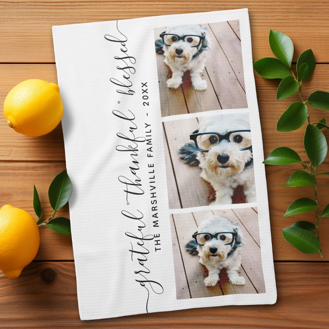 Photo Modern Calligraphy grateful thankful blessed Tea Towel (Personalized Kitchen Towel with photos and text - Makes a great gift)