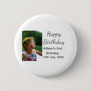 Photo modern classic add name date happy birthday  6 cm round badge