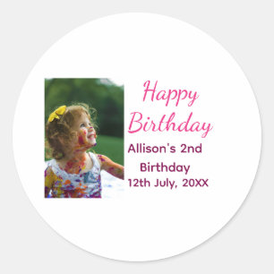Photo modern classic add name date happy birthday  round sticker