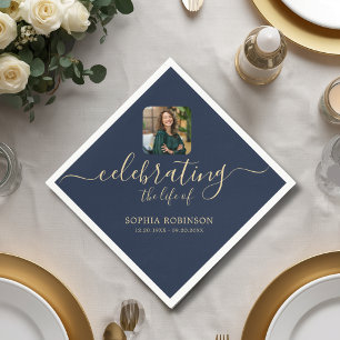 Photo Modern Elegant Gold Script Blue Funeral Napkin