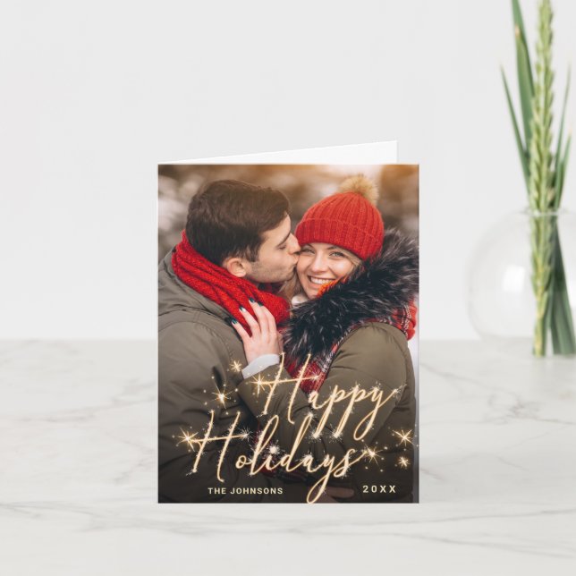 PHOTO Modern Golden Christmas Greeting Holiday Card (Front)