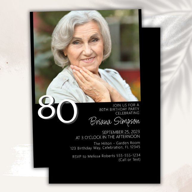 Photo Modern Minimalist Black 80th Birthday Invitation (Creator Uploaded)