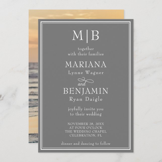 Photo Modern Minimalist Boho Grey Wedding Invitation (Front/Back)