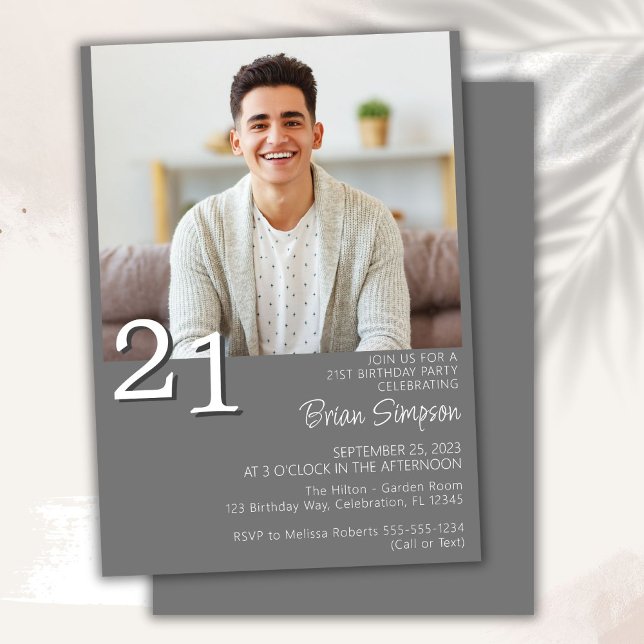 Photo Modern Minimalist Grey 21st Birthday Invitation (Creator Uploaded)