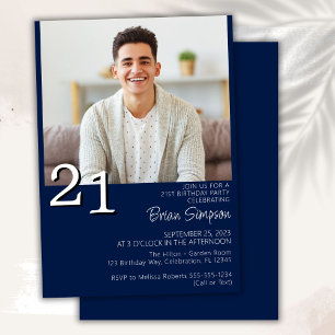 Photo Modern Minimalist Navy Blue 21st Birthday Invitation