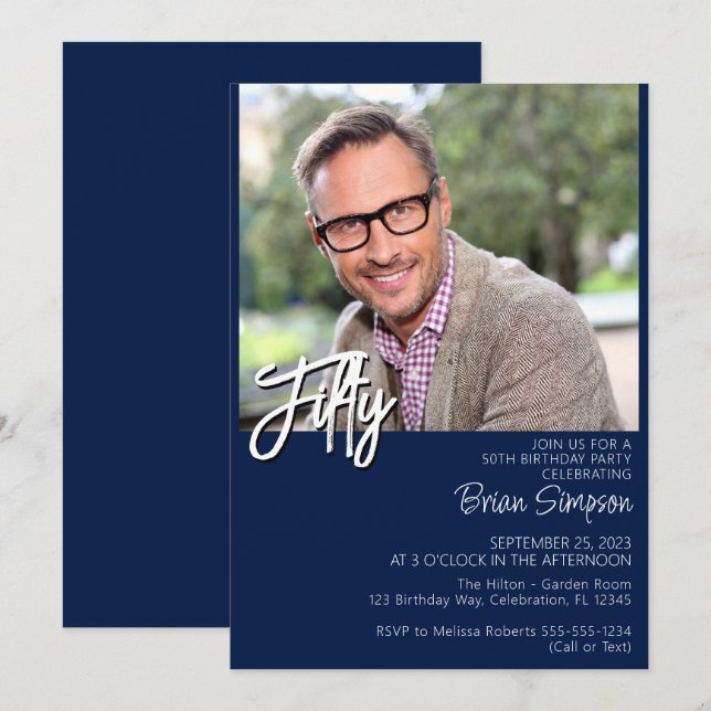 Photo Modern Minimalist Navy Blue Fifty Birthday Invitation (Front/Back)