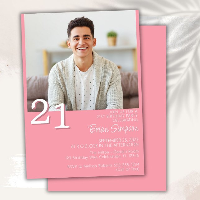 Photo Modern Minimalist Pink 21st Birthday Invitation (Creator Uploaded)