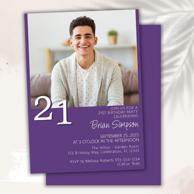 Photo Modern Minimalist Purple 21st Birthday Invitation (Creator Uploaded)