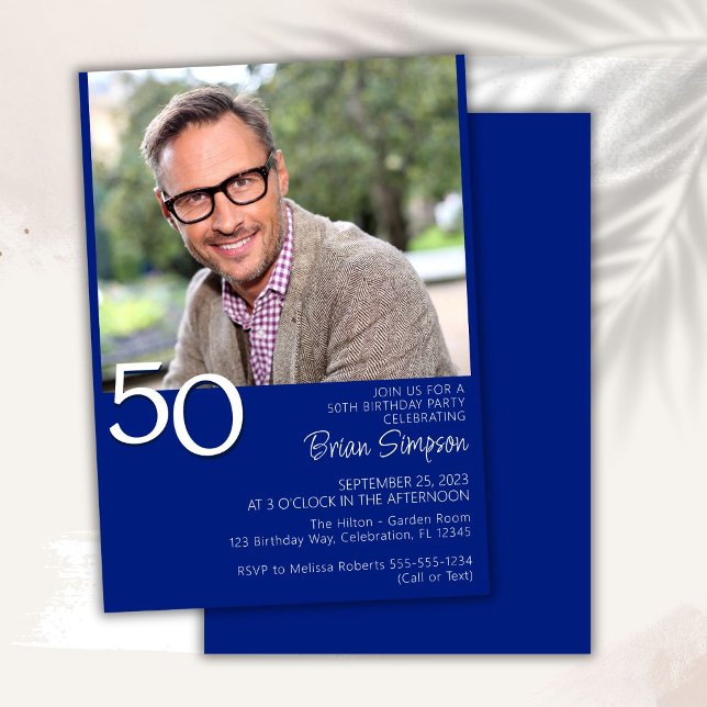 Photo Modern Minimalist Royal Blue 50th Birthday Invitation (Creator Uploaded)