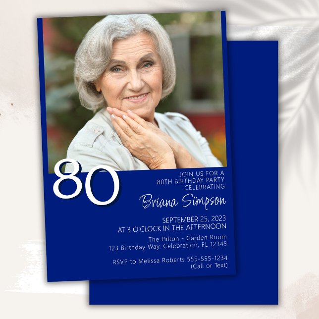 Photo Modern Minimalist Royal Blue 80th Birthday Invitation (Creator Uploaded)