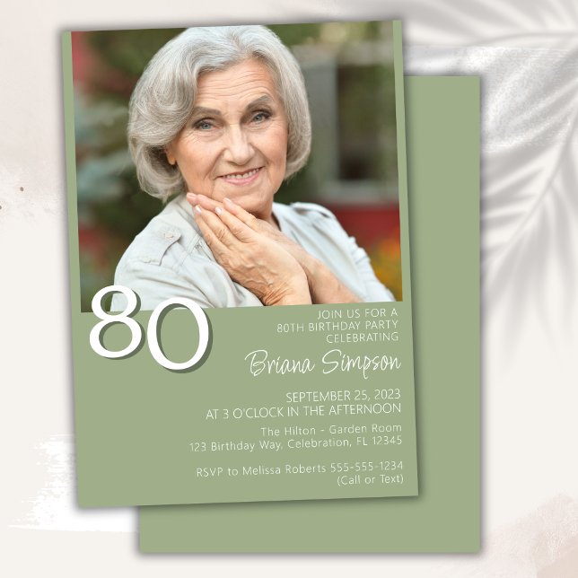 Photo Modern Minimalist Sage Green 80th Birthday Invitation (Creator Uploaded)