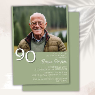 Photo Modern Minimalist Sage Green 90th Birthday Invitation