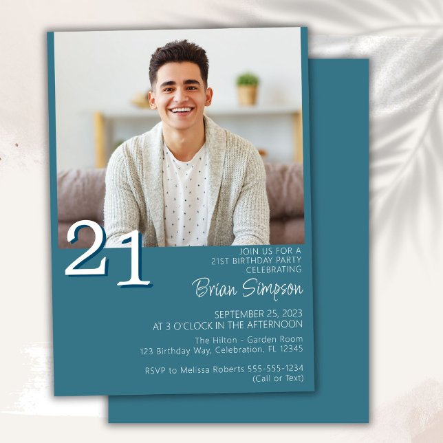 Photo Modern Minimalist Teal 21st Birthday Invitation (Creator Uploaded)