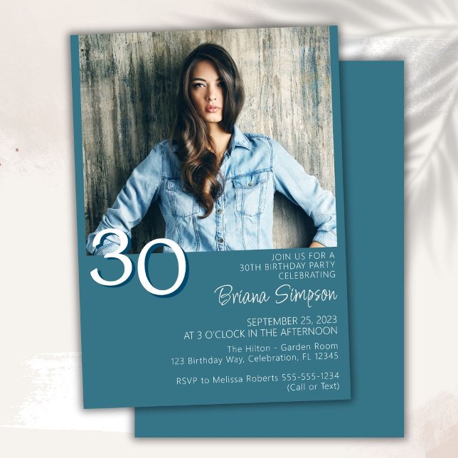 Photo Modern Minimalist Teal 30th Birthday Invitation (Creator Uploaded)