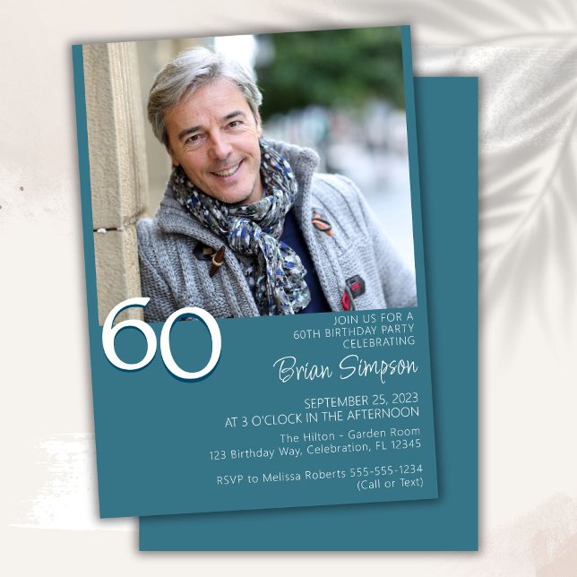 Photo Modern Minimalist Teal 60th Birthday Invitation (Creator Uploaded)