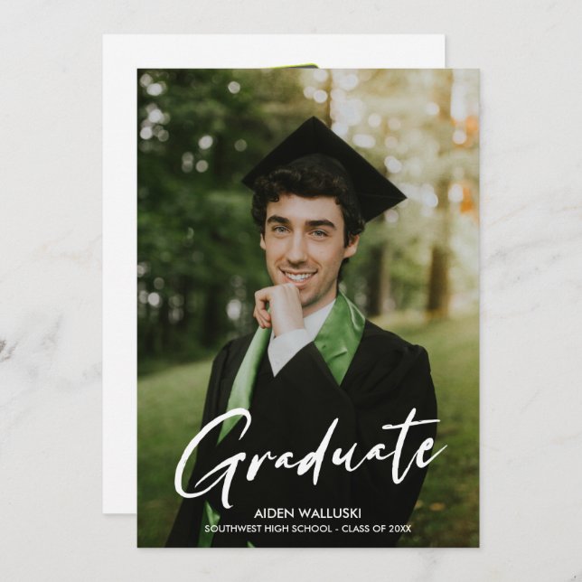 Photo Modern Script Black Cap Party Graduation  Invitation (Front/Back)
