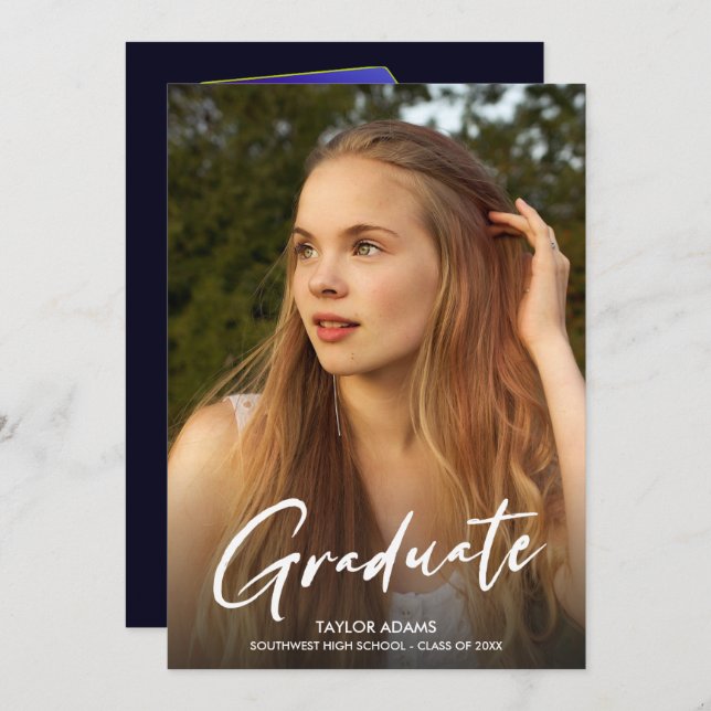 Photo Modern Script Blue Cap Party Graduation  Invitation (Front/Back)