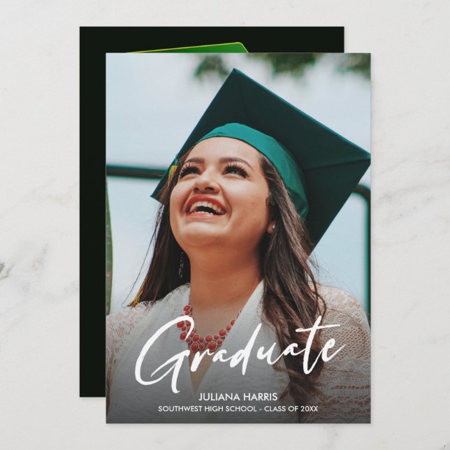Photo Modern Script Green Cap Party Graduation  Invitation (Front/Back)