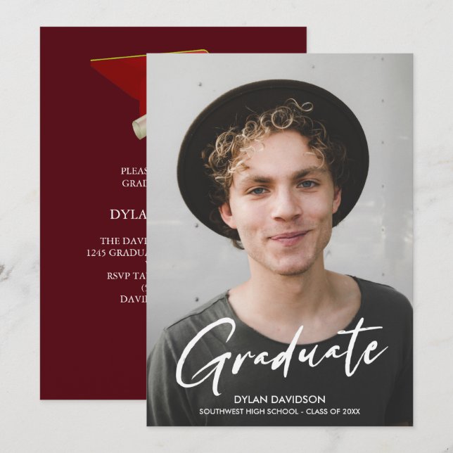 Photo Modern Script Red Cap Party Graduation  Invitation (Front/Back)