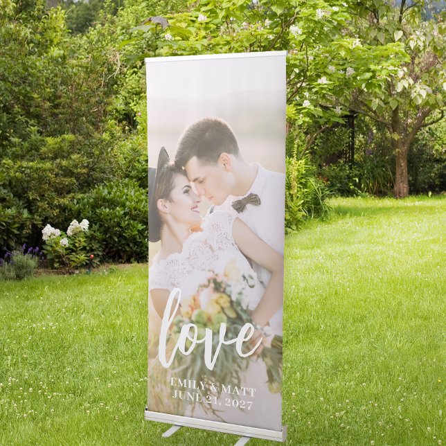 Photo Modern Script Wedding Retractable Banner (Stylishly Personalize with Your Custom Photo, Names & Date.)