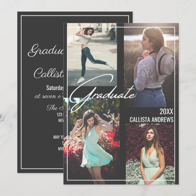 Photo Modern Simple Black White Framed Graduation Invitation (Front/Back)